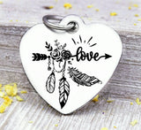 Love, boho, love charm, flower child, wild charm, Steel charm 20mm very high quality..Perfect for DIY projects