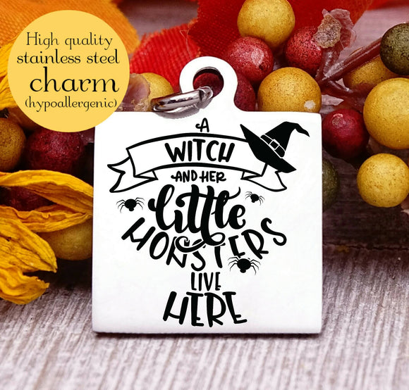 A witch and her little monsters, witch, witch charm, halloween charm, Steel charm 20mm very high quality..Perfect for DIY projects