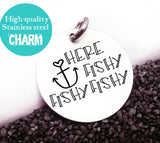 Here fishy, fishing charm, fishing, fish charm, Steel charm 20mm very high quality..Perfect for DIY projects
