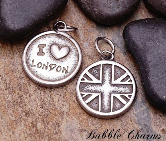 2 pc I love London charm, London charms. stainless steel charm ,very high quality.Perfect for jewery making and other DIY projects