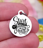 Start each day with a grateful heart, grateful, grateful heart charm, Steel charm 20mm very high quality..Perfect for DIY projects