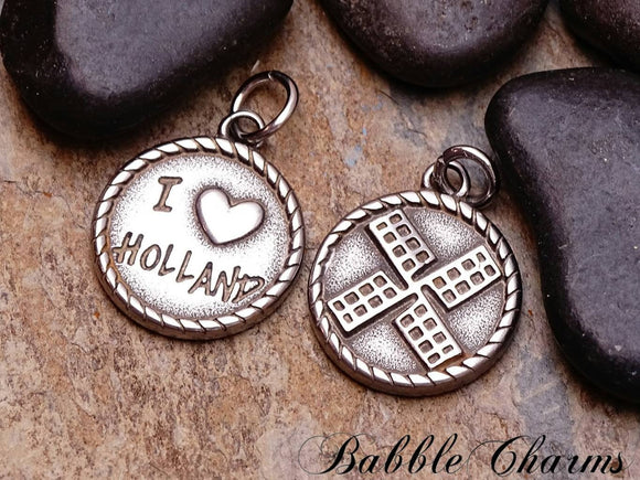 2 pc I love Holland charm, Holland charms. stainless steel charm ,very high quality.Perfect for jewery making and other DIY projects