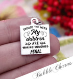 Excuse my mess, wild kids, feral kids, mess, mom, mom charm, Steel charm 20mm very high quality..Perfect for DIY projects