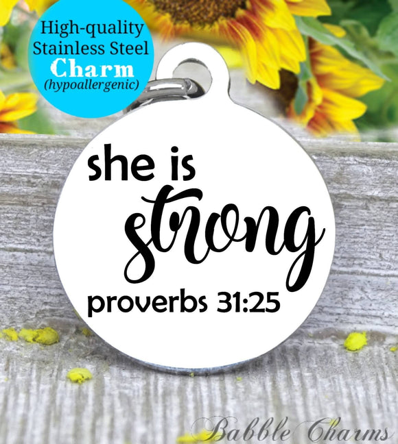 She is strong, strong in god, God, God charm, Jesus charm, Steel charm 20mm very high quality..Perfect for DIY projects