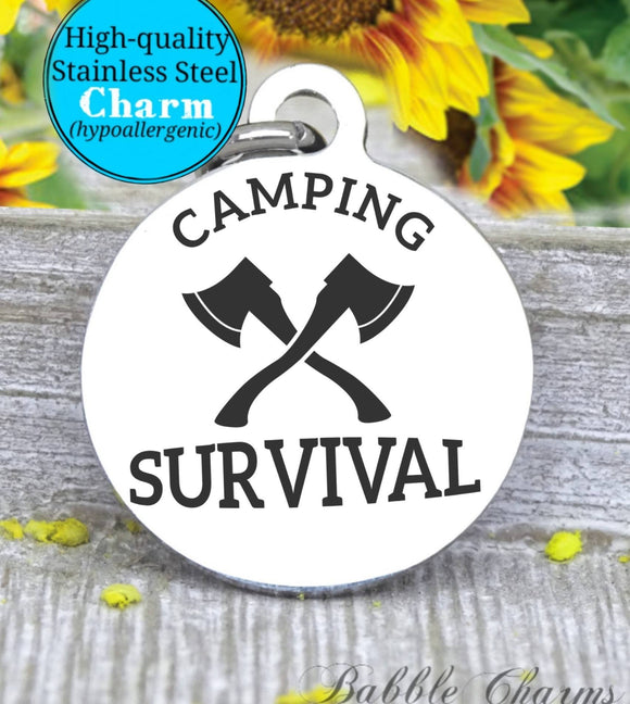 Camping survival, camping survival charm, survival charm, Steel charm 20mm very high quality..Perfect for DIY projects