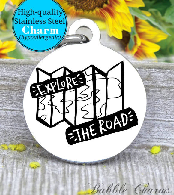 Explore the road, Road trip, explore, explore charm, adventure charm, Steel charm 20mm very high quality..Perfect for DIY projects